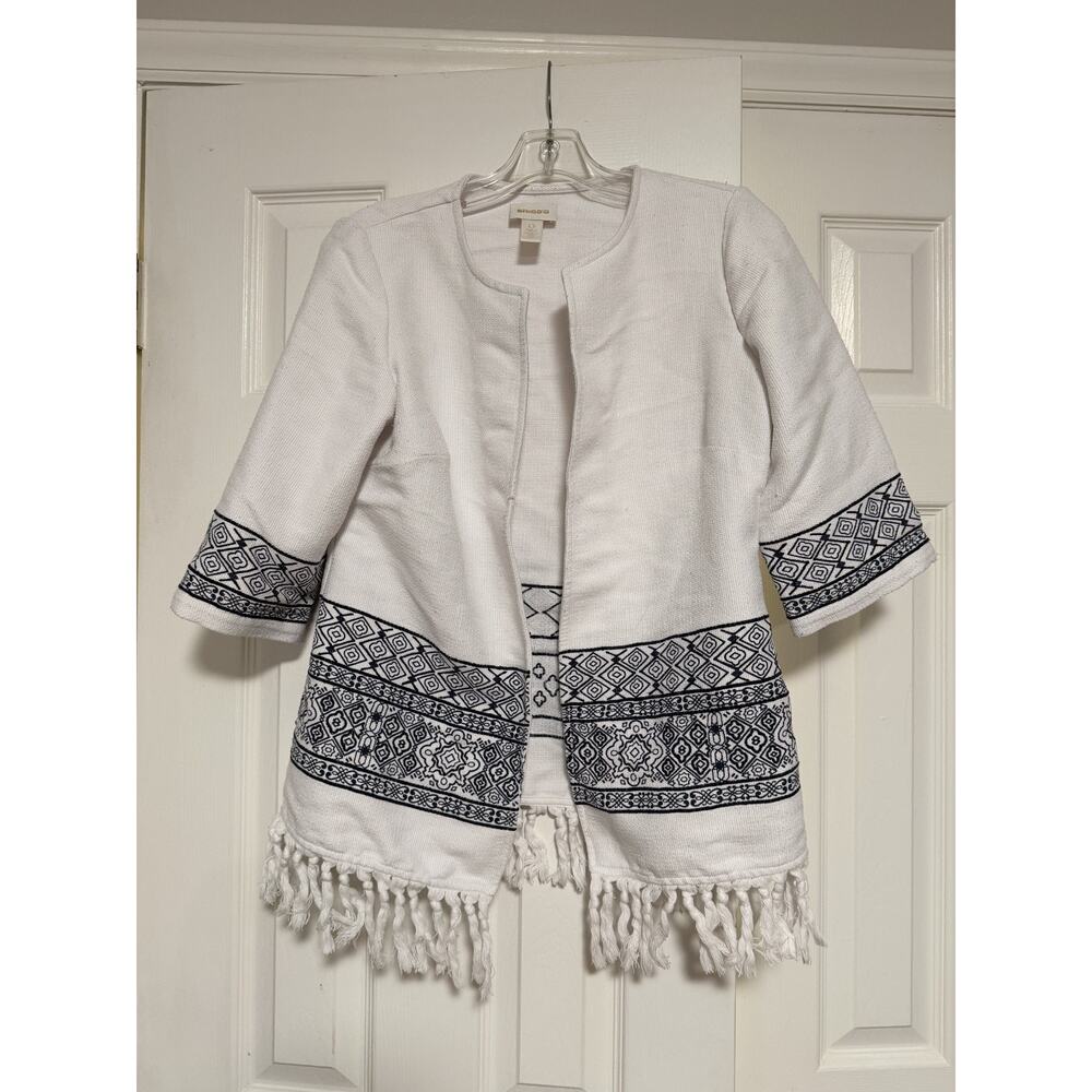 Chico's Beachy, Lightweight Cardigan Azetec Blue/White with fringe, size 0